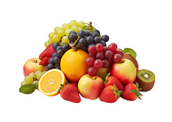 An assortment of fresh fruits, including berries, citrus, and grapes, arranged neatly against a transparent background. Generative AI
