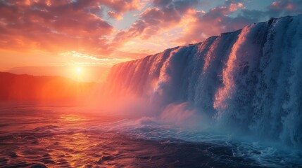 Fototapeta premium Godafoss waterfall illuminated by the early morning sun in Iceland, casting vibrant colors across the sky and waters.