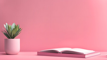 A pink wall with a book on a table