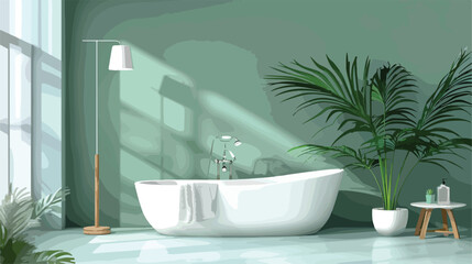 Fototapeta na wymiar White bathtub houseplant and floor lamp near green wa