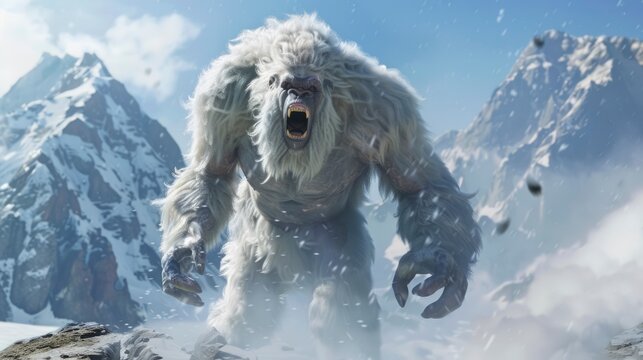  Fierce mythical snow beast yeti roaring in a snowy mountain landscape