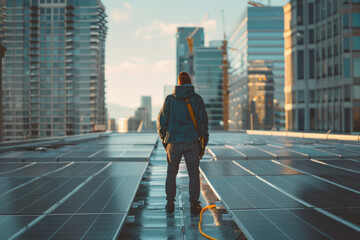 A male worker wearing a uniform walking past solar panels on the rooftop of a skyscraper.

