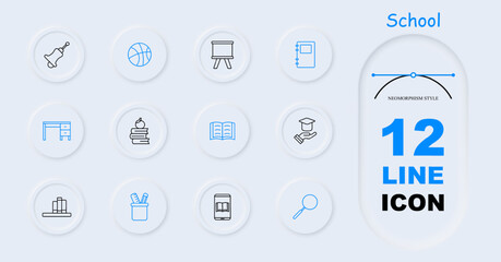 School set icon. School bell, blackboard, student cap, learning, school items, basketball, magnifying glass, loupe, desk, books, reading, diary, neomorphism, school supplies. Education concept.
