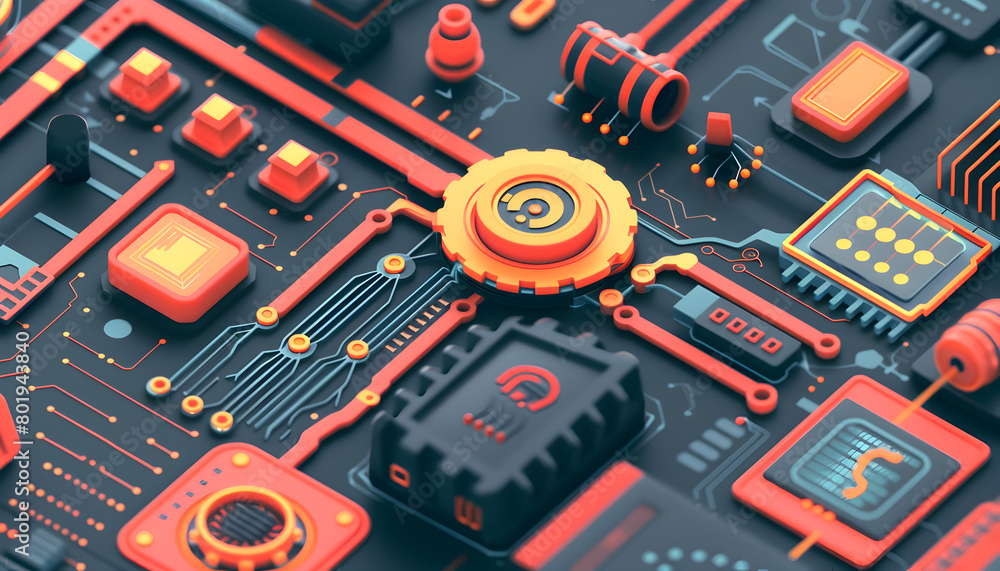 Poster a colorful, abstract image of electronic components and wires. concept of complexity and interconnec