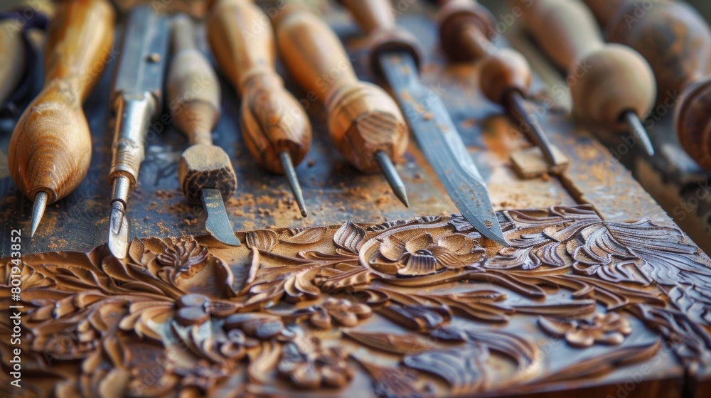 Poster a set of carving tools carefully etching intricate designs into a piece of clay..