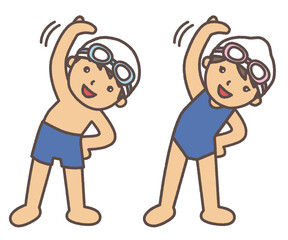 水泳をする前に、スクール水着姿で準備体操をする男の子と女の子