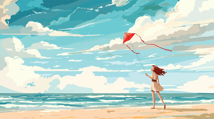 Beautiful young woman flying kite near sea Vector illustration