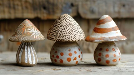 A trio of small mushroom caps each with a different pattern one with dots one with stripes and one...