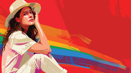 Beautiful young woman in hat with LGBT flag sitting o