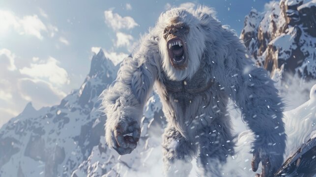  Fierce mythical snow beast yeti roaring in a snowy mountain landscape