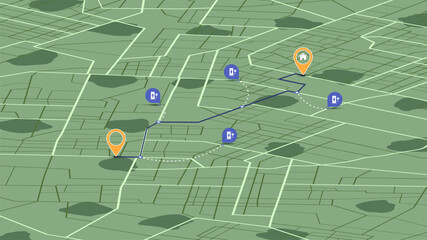 Location EV charging station location on route to home. Gps navigation map EV supercharger station. Path turns and destination tag or mark. Tracking path, route. Isometric vector illustration.