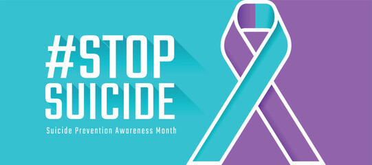 Suicide prevention awareness month - Hashtag text and Teal purple ribbon awareness sign Teal purple background vector design
