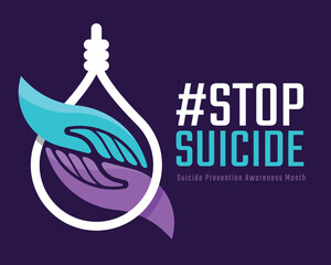 Suicide prevention awareness month - Teal and purple hand to hand with care and connection in white death suicide rope sign on dark purple background vector design