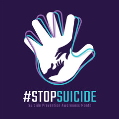 Suicide prevention awareness month - White stop handand line teal purple around with hand to hand with care and connection sign on dark purple background vector design