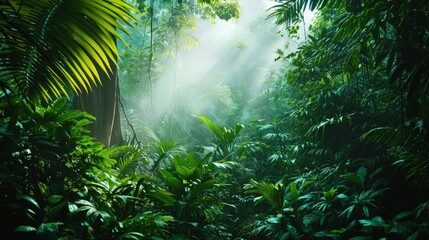 A tropical rainforest with diverse flora and fauna. Copy Space.