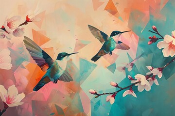 Angular geometric forms transition into the soft curves of birds in flight, interspersed with blossoming flowers
