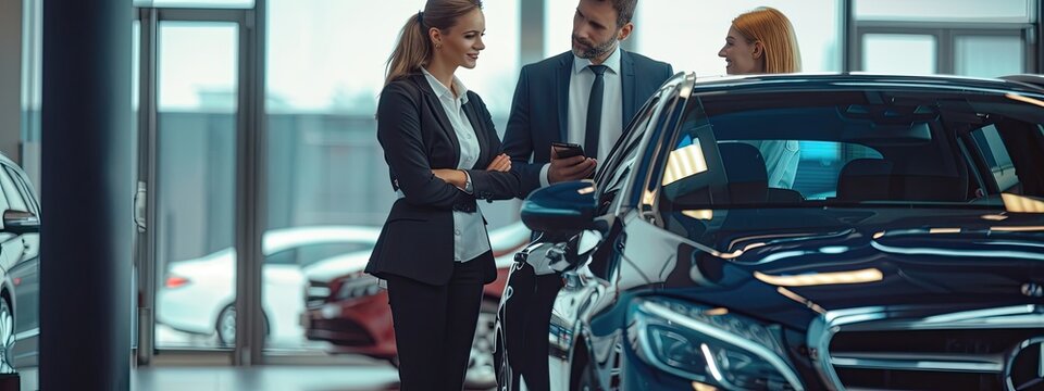 Luxurious luxury car representatives engage customers in an environment, emphasizing top-notch auto sales expertise.