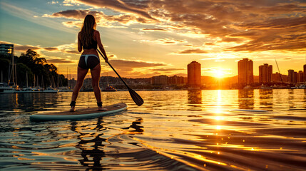 Woman standing on surfboard in the water with paddle in her hand.