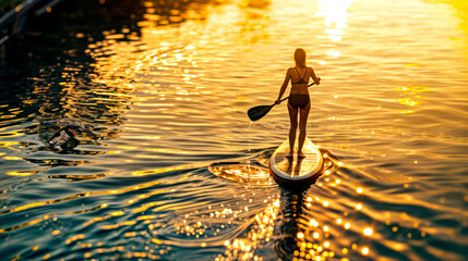 Woman standing on paddle board in body of water at sunset.