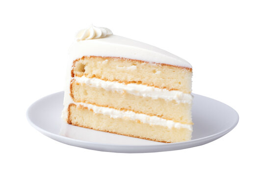 Slice of vanilla cake on a plate isolated on transparent or white background, png
