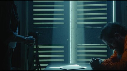 Interrogator recording bearded prisoner in a dark room
