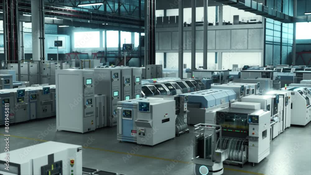 Poster Autonomous Factory With Advanced Robots Seamlessly Integrating In Manufacturing Processes, Modern Industrial Automation In A High-Tech Environment With Dynamic Camera Tilt Pan Movement