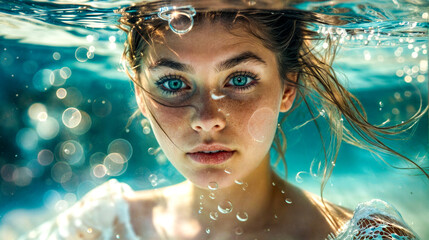Beautiful young woman under water with bubbles on her head and blue eyes.
