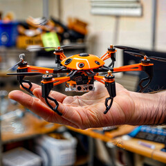 Person holding small orange and black remote controlled flying device in their hand.