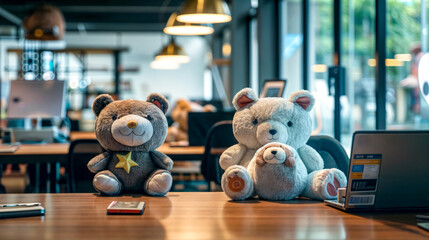 Two teddy bears sitting on table in front of book and cell phone.