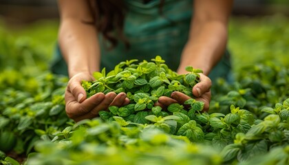Female careful hands gathering round a green plant. 