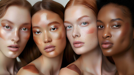 Portrait of a group of women of different ethnicities with different skin color. Creative concept of choosing foundation depending on skin color, palette of foundation.