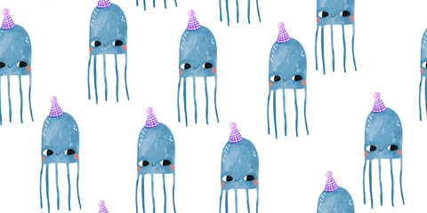 Seamless pattern with blue jellyfish in cartoon style. Medusa in a festive cap celebrates her birthday. Undersea world. Children's hand drawn illustration on isolated background