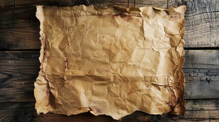 Old crumpled paper on a wooden background. Vintage style. Copy space.