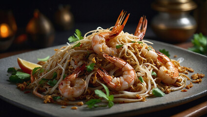 AI generative image of Thai food or Pad Thai, the stir-fried noodle with traditional sauce and shrimp.