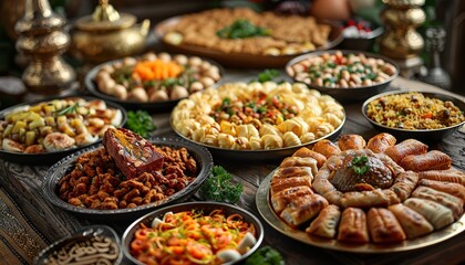 Obraz premium Festive traditional Middle Eastern Muslim Halal food on the table. 