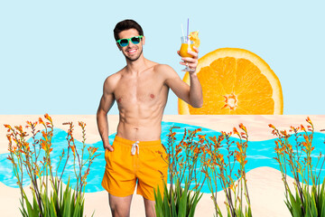 Composite photo collage of happy guy hold cocktail beverage summer travel resort stand ocean beach...