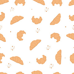 Seamless pattern of croissants. Delicate seamless vector pattern with small cute buns. Printing on children's bedding, fabrics, textiles, wallpaper, wrapping paper.