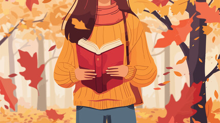 Woman holding book with autumn leaves in park closeup