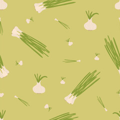 Seamless background of young onions, green feather. Fashionable bow pattern for wrapping paper, wallpaper, stickers, notepad cover.