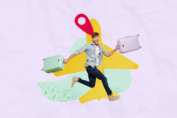 Composite photo collage of happy guy run hold suitcase late check in flight airport plane gps icon...