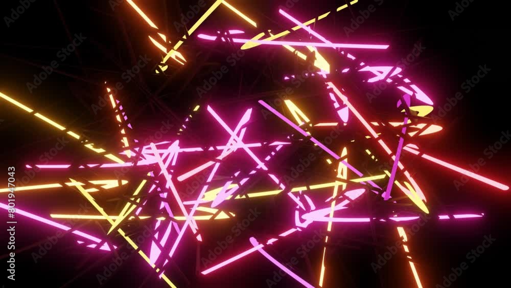 Poster 3d abstract looped background with neon light, multicolored flashes of light bulbs of unusual shapes