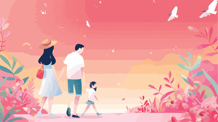 Happy family walking on pink background Vector illustration