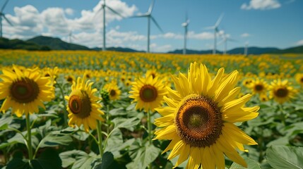 Obraz premium Expansive Sunflower Fields with Wind Turbines in the Background at Fukushima's Numajiri Kogen,Japan