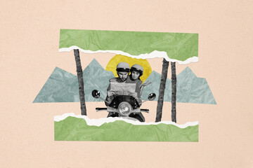 Composite photo collage of irritated astonished girl guy ride vespa moped search route map mountain...