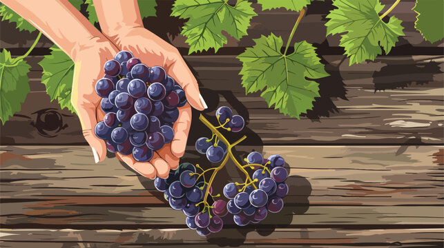 Woman holding fresh ripe grapes on wooden background
