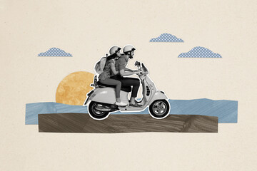 Composite photo collage of happy girl guy couple drive vespa motorbike excited vacation trip summer...