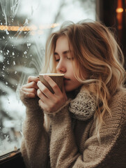 Young woman holding cup of coffee in winter cozy sweater. Generative AI