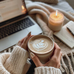 Young woman holding cup of coffee in winter cozy sweater. Generative AI