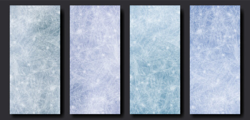 Ice rink scratched surface with realistic texture. Empty vertical background set of blue colors. Vector template for roll up banner or stories design, hockey, figure skating or curling illustration.
