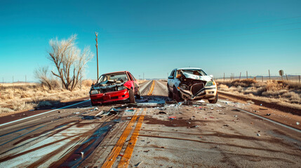 Two cars sit still on the roadside, broken and forsaken after a collision, as their occupants assess the damage